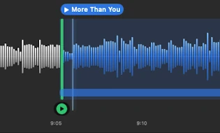 A song-split marker with playback controls in Gig Recorder's waveform editor