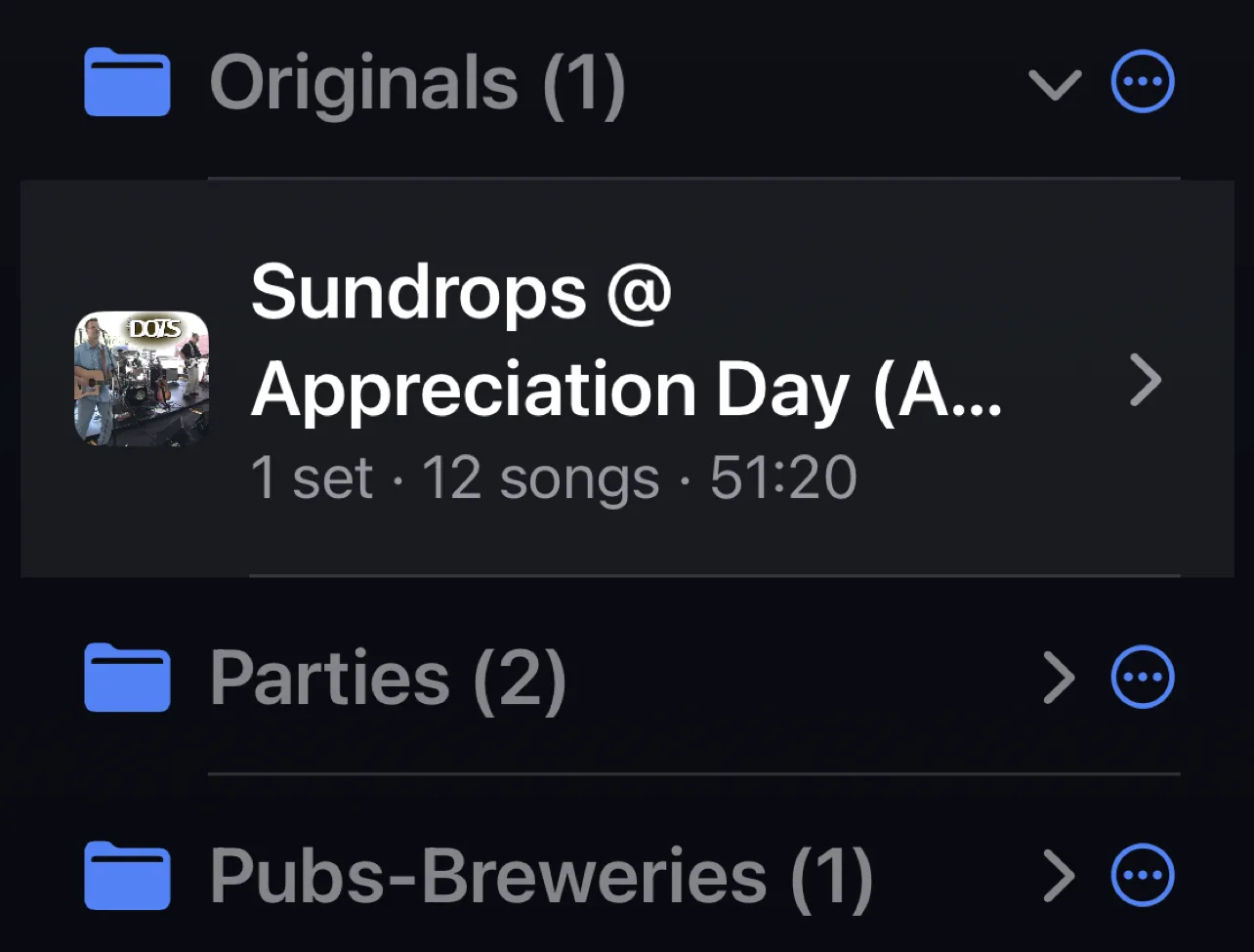Gigs organized into folders in Gig Recorder