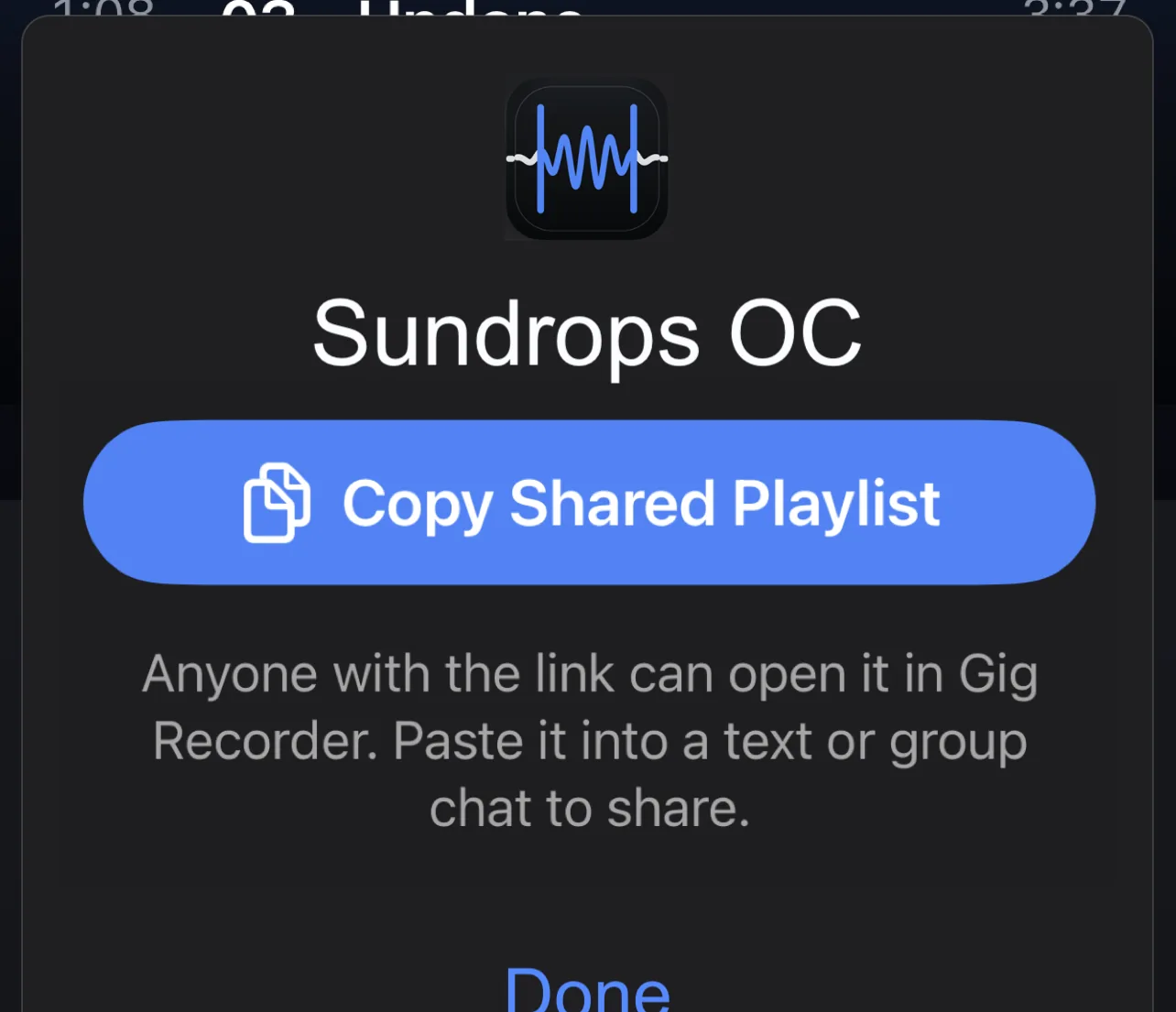 Copy Shared Playlist sheet in Gig Recorder
