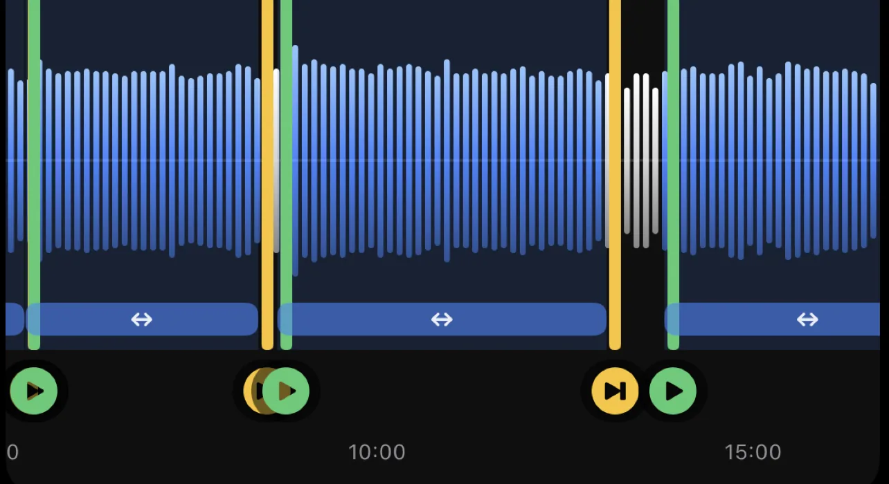 Waveform with colored song-split markers in Gig Recorder's editor