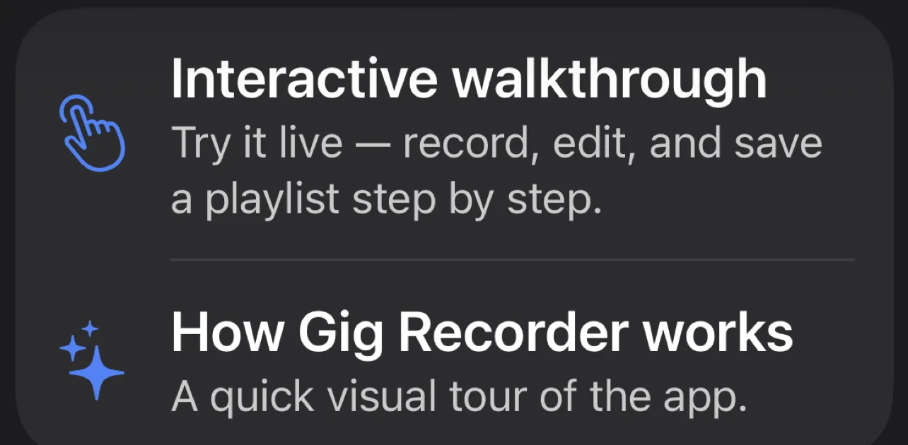 Gig Recorder's built-in interactive walkthrough menu